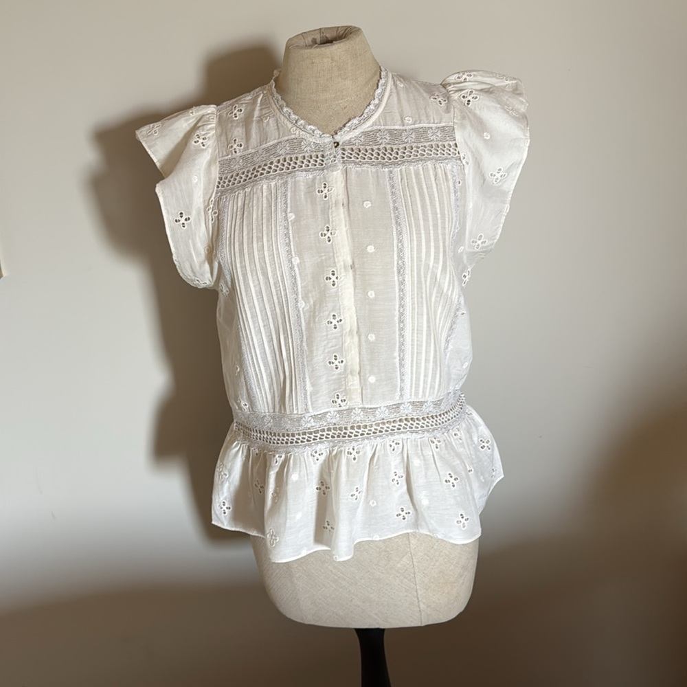 Ulla Johnson White Pleated Cap Sleeve Blouse